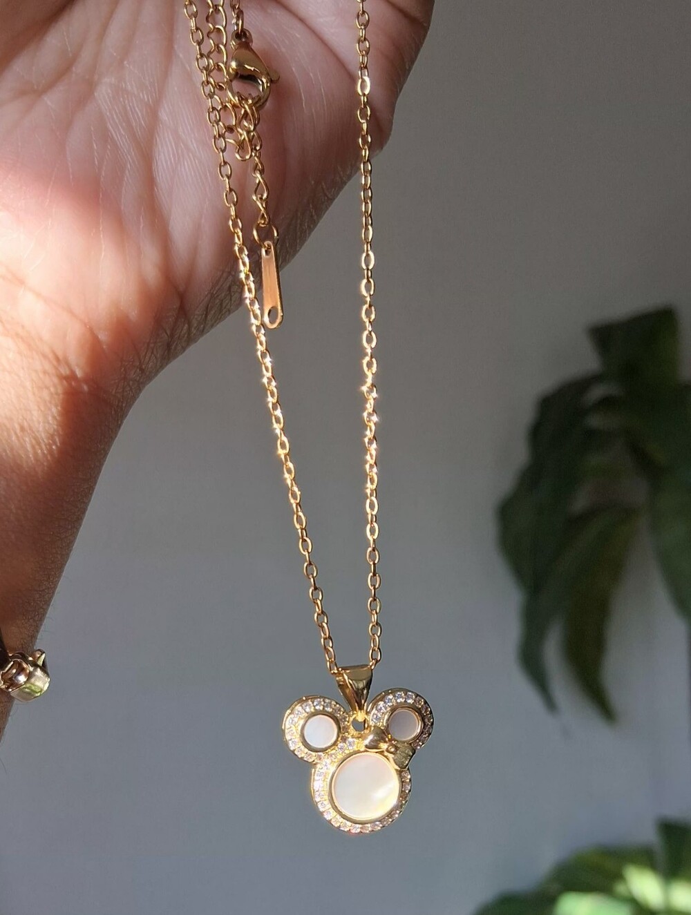 Gold-Tone Mother-of-Pearl Mouse Pendant Stainless Steel Necklace